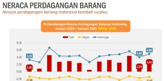 Surplus Neraca Perdagangan Januari 2025 3,45 Milyar USD Lebih Tinggi dari Bulan Sebelumnya